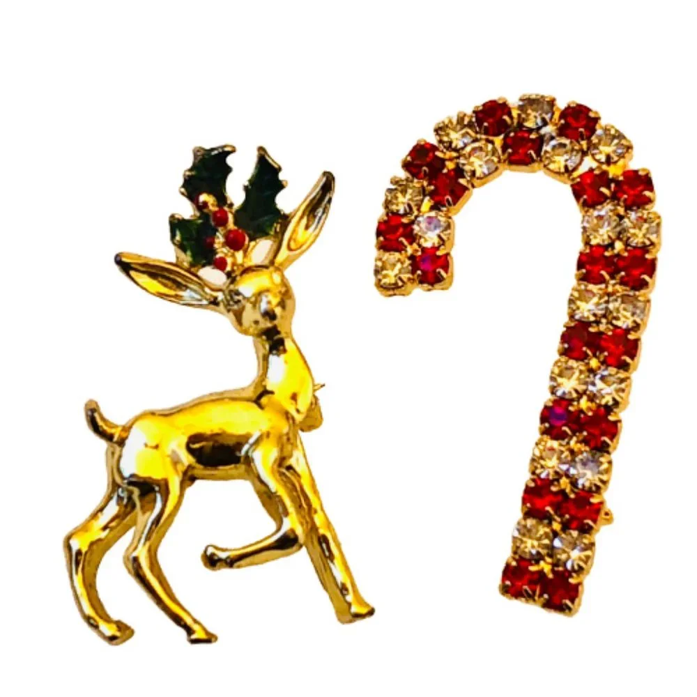 Christmas Vintage Brooch Gerrys Reindeer Enamel + Rhinestone Candy Cane